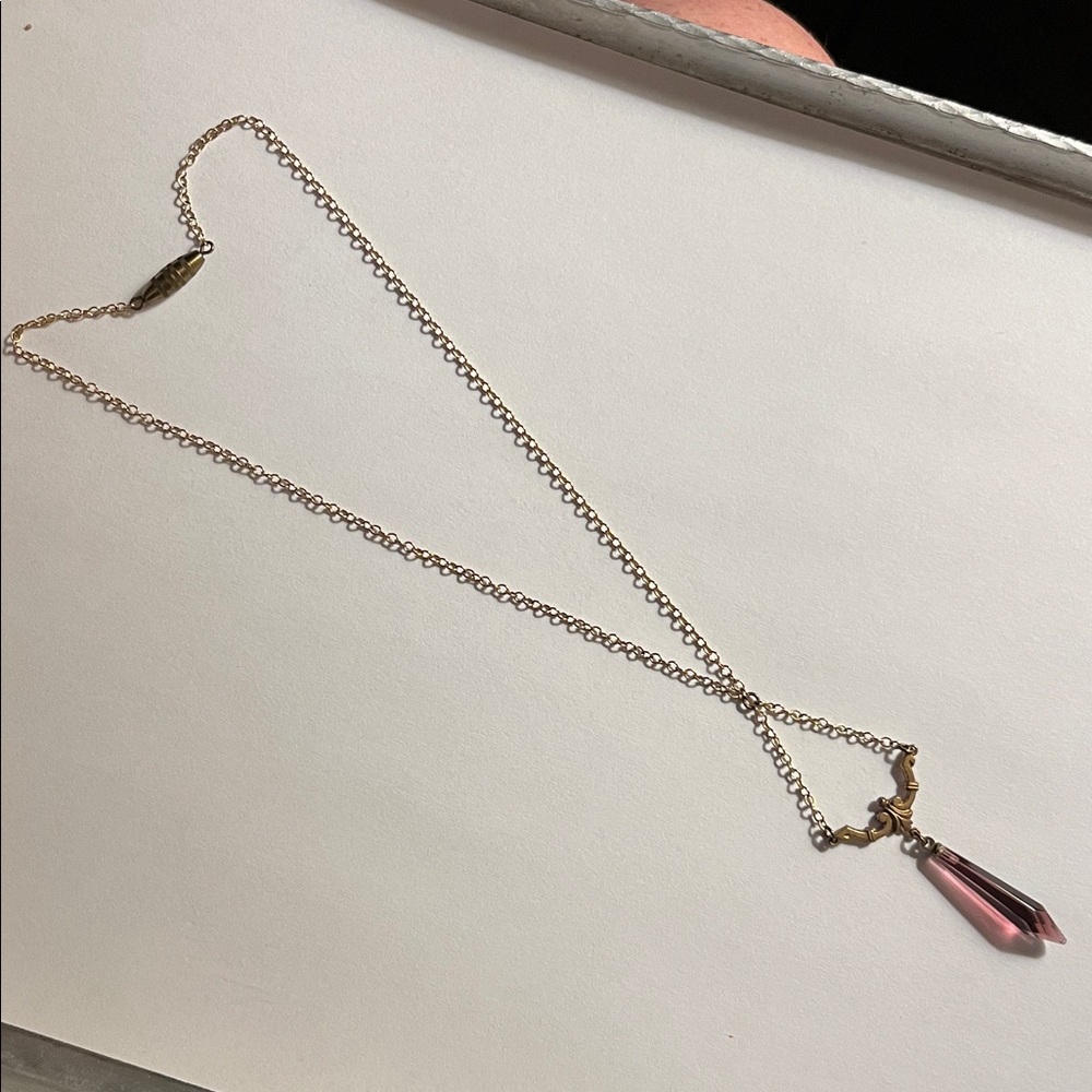 Art Nouveau Amethyst Glass Pendulum and Paste Lavalier Brass Necklace